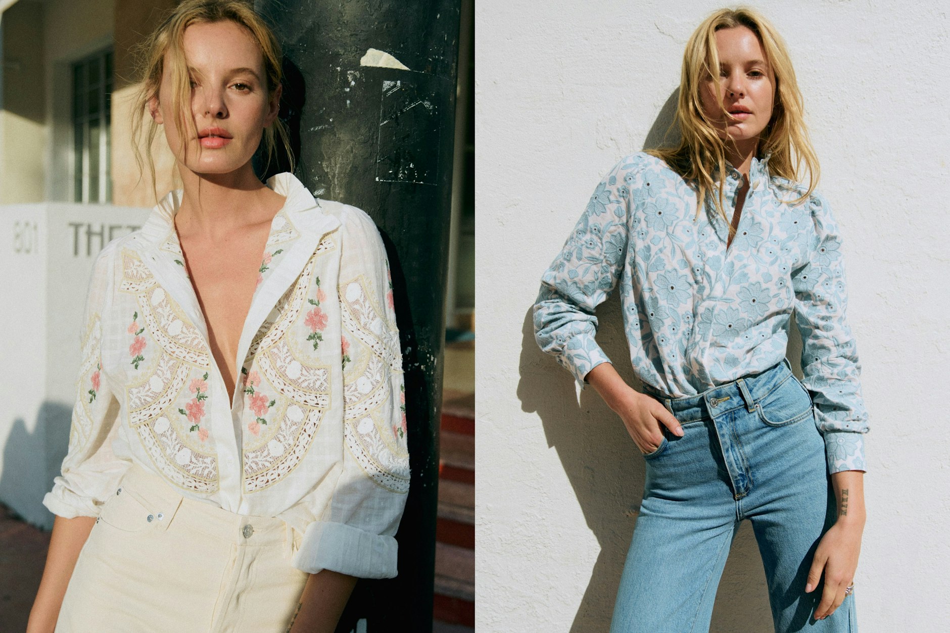 Von filigraner Blumenstickerei bis zu markanteren Blütenapplikationen: Sézane hält Blusen für mildes Wetter bereit.