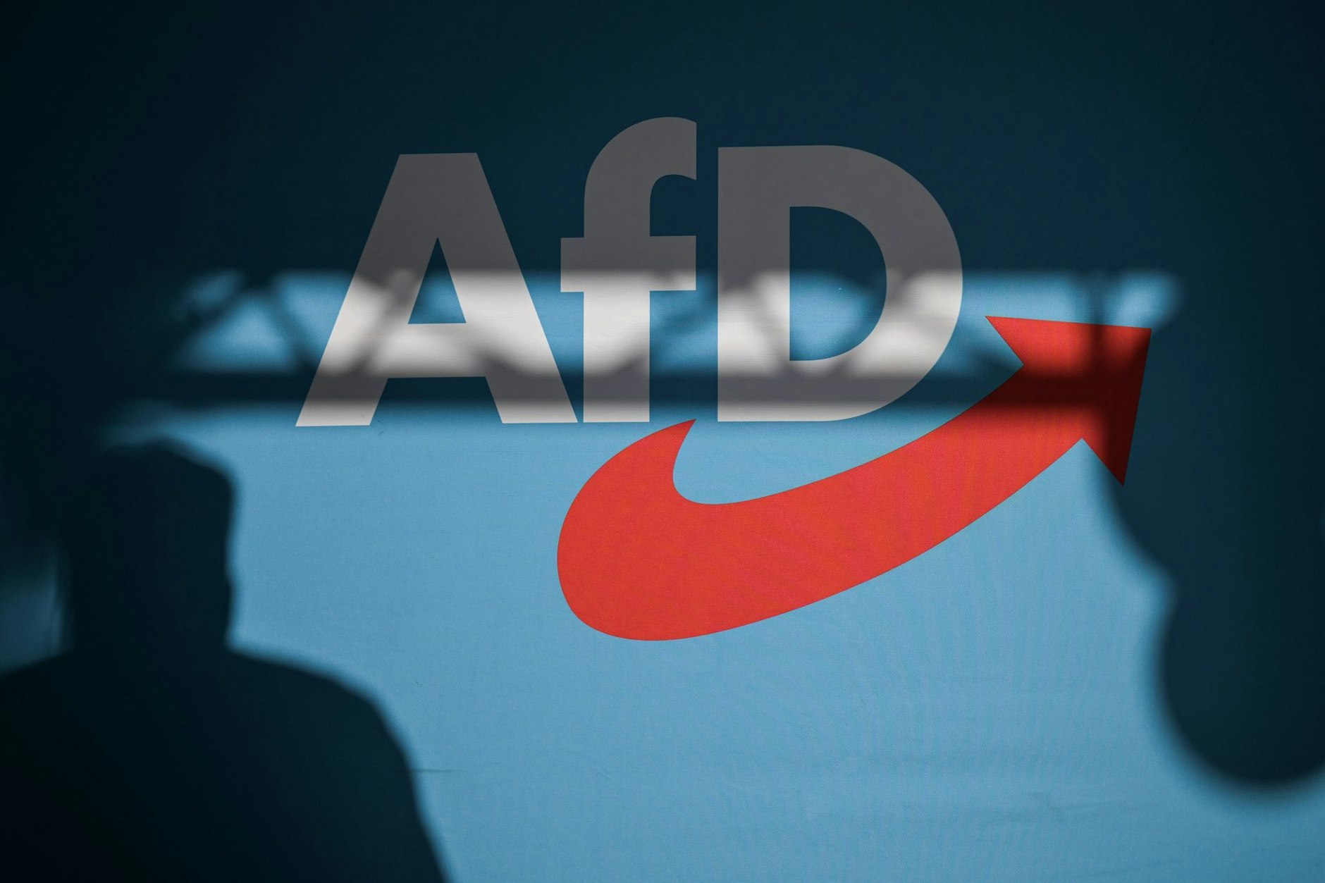 Ein Redner wirft einen Schatten auf die Bühnenrückwand mit AfD-Schriftzug auf einer Veranstaltung. (zu dpa: «AfD jubelt über Teilerfolg im Streit mit Verfassungsschutz»)