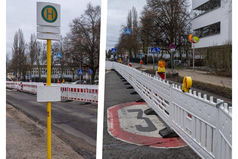 In der Kaulsdorfer Straße musste die Haltestelle Hoernlestraße aufgrund des Wasserrohrbruchs verlegt werden.