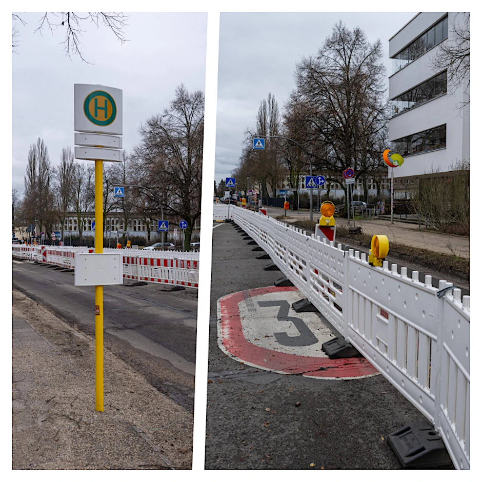 In der Kaulsdorfer Straße musste die Bus-Haltestelle Hoernlestraße aufgrund des Wasserrohrbruchs verlegt werden.