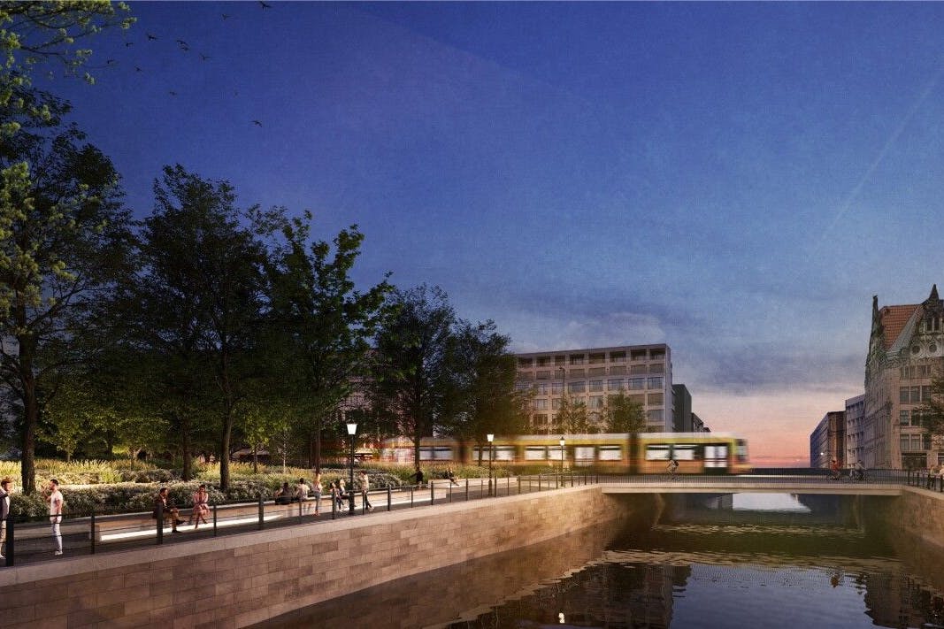 Die Visualisierung zeigt, wie der Bereich künftig aussehen wird. Die Uferwege werden angehoben, Fußgänger queren die Gertraudenstraße künftig nicht mehr unterirdisch, sondern an einer Ampel. Im Hintergrund die Neue und die Alte Gertraudenbrücke.