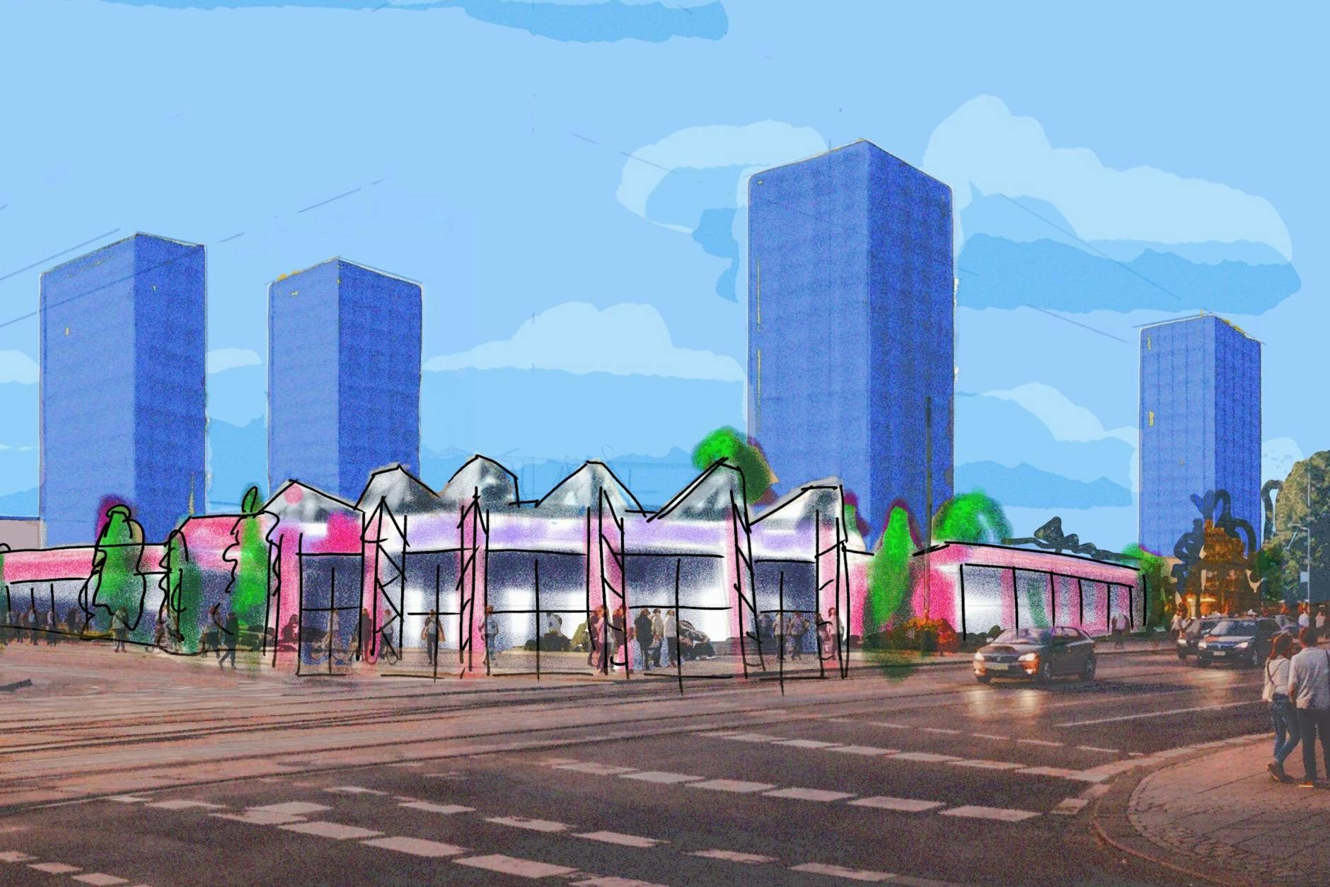 So soll die Zukunft des SEZ aussehen: Der DDR-Kultbau bleibt erhalten, über 500 Wohnungen sollen in diesen vier Hochhäusern entstehen.