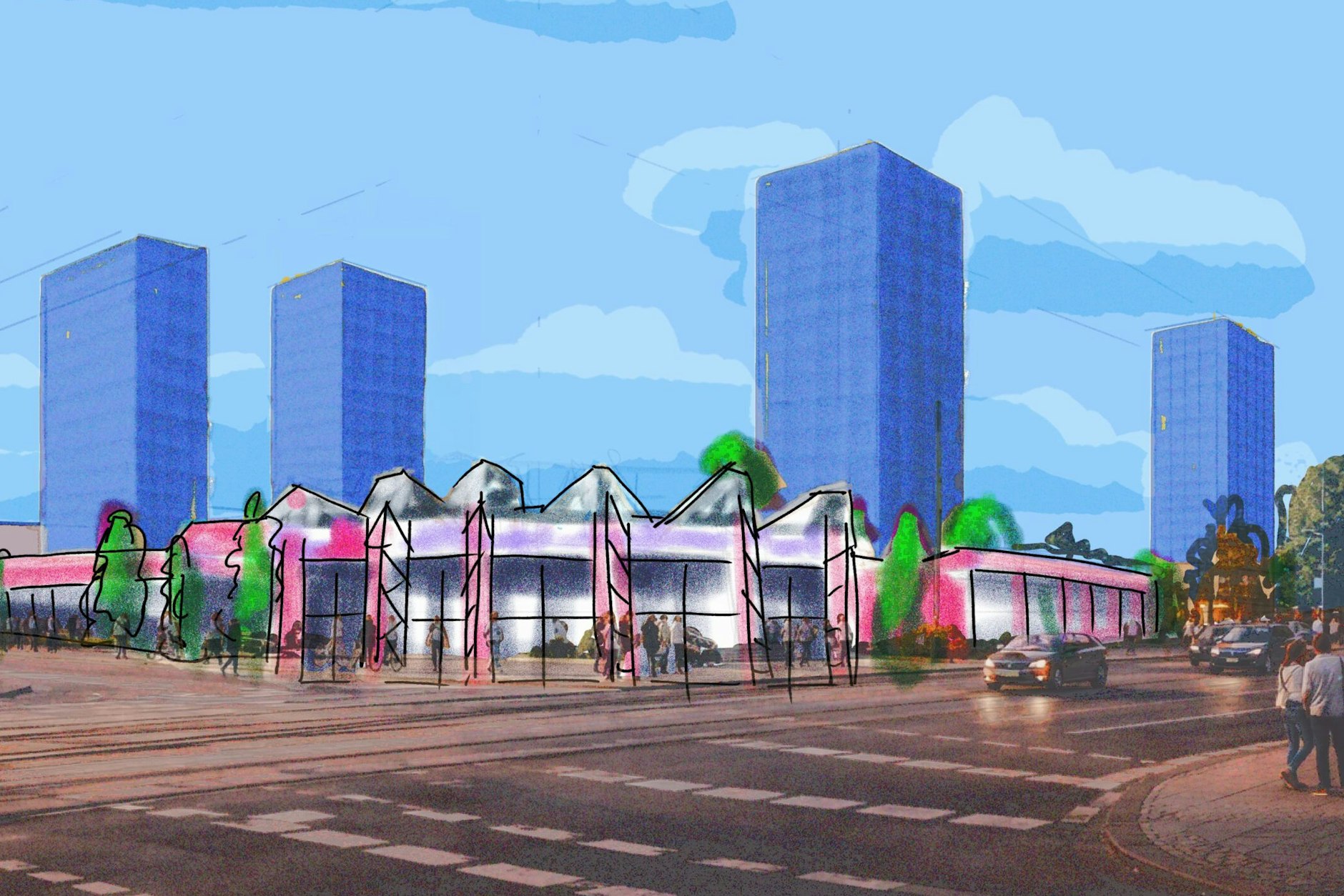 So soll die Zukunft des SEZ aussehen: Der DDR-Kultbau bleibt erhalten, über 500 Wohnungen sollen in diesen vier Hochhäusern entstehen.