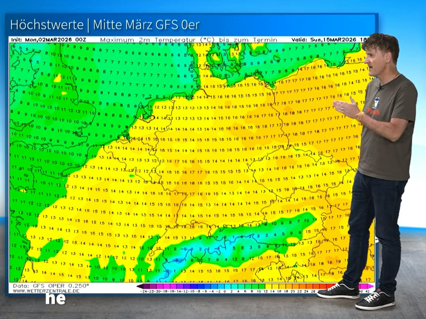 Der Meteorologe Dominik Jung von wetter.net erklärt auf der Wetterkarte, dass das amerikanische Wettermodell für den 16. März in Deutschland frühlingshafte Temperaturen zwischen 14 und 17 Grad voraussagt.