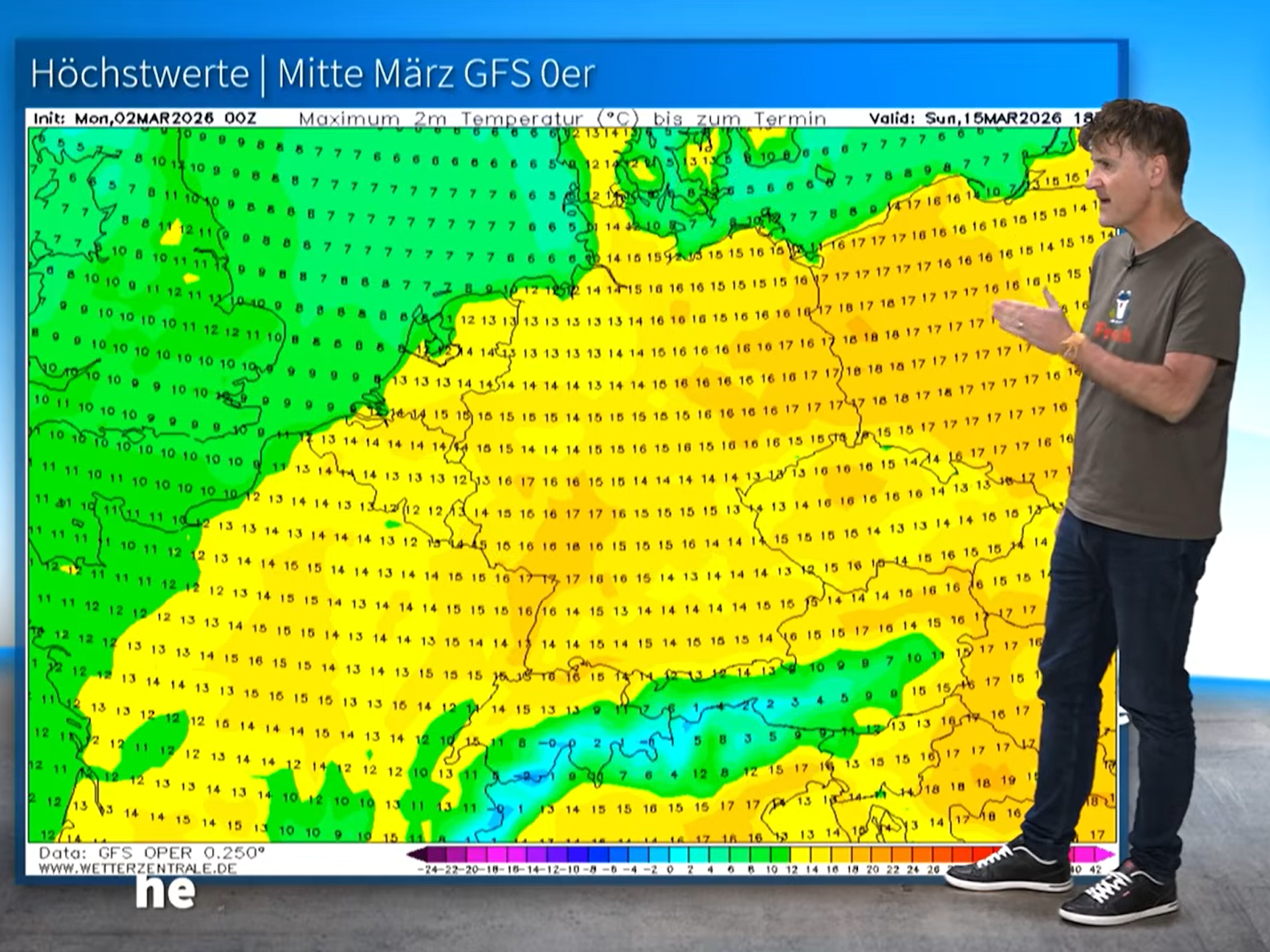 Der Meteorologe Dominik Jung von wetter.net erklärt auf der Wetterkarte, dass das amerikanische Wettermodell für den 16. März in Deutschland frühlingshafte Temperaturen zwischen 14 und 17 Grad voraussagt.