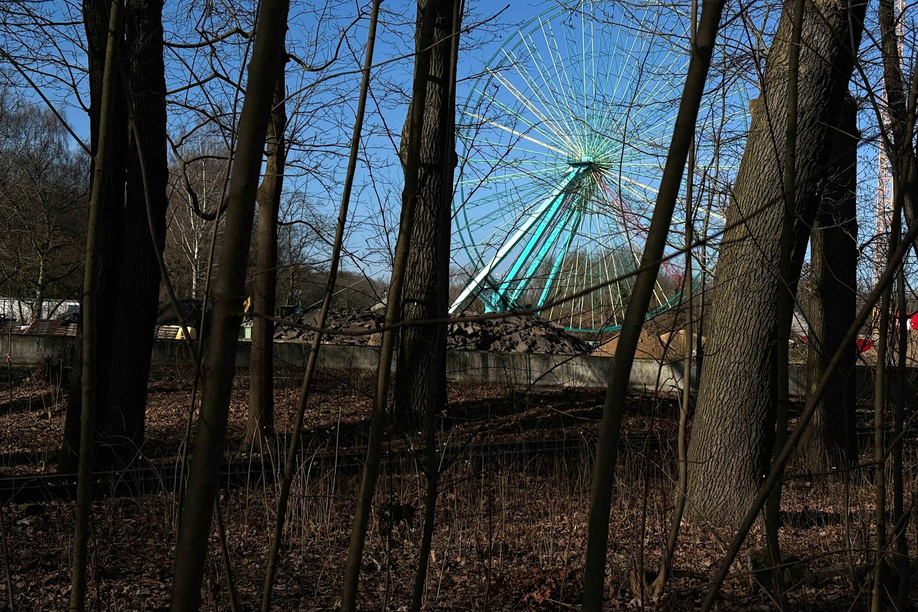 Zwischen Bäumen erkennbar ist das historische Riesenrad im Spreepark. Nach einer umfassenden Sanierung wird es wieder aufgebaut und soll im kommenden Jahr die Besucher auf 40 Meter Höhe transportieren.