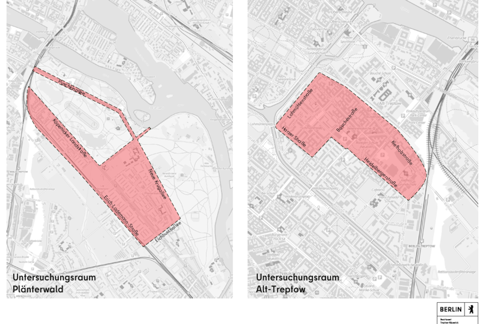 Auf den Karten sind die beiden geplanten Parkzonen Alt-Treptow und Plänterfeld mit ihren Grenzen eingezeichnet.