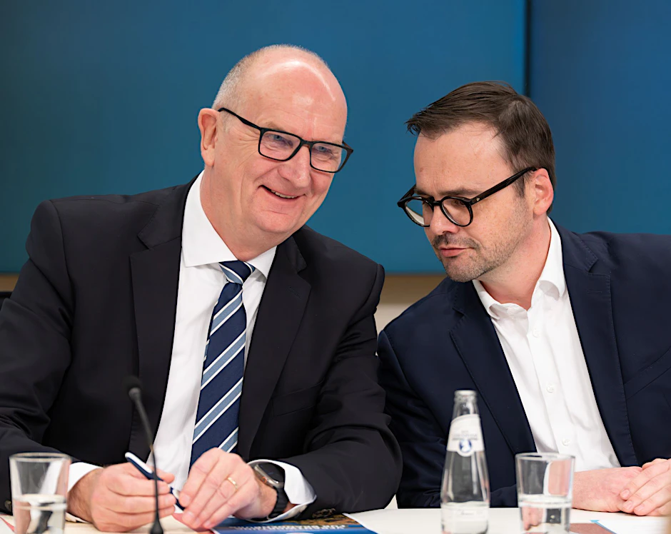 Wollen Brandenburg für Rheinmetall und Co. attraktiv machen: Brandenburgs Ministerpräsident Dietmar Woidke und CDU-Chef Jan Redmann.