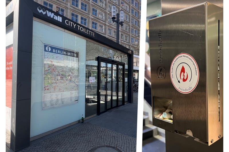 In der öffentlichen Toilette von Wall am Alexanderplatz wurde ein Periodenspender (r.) installiert.