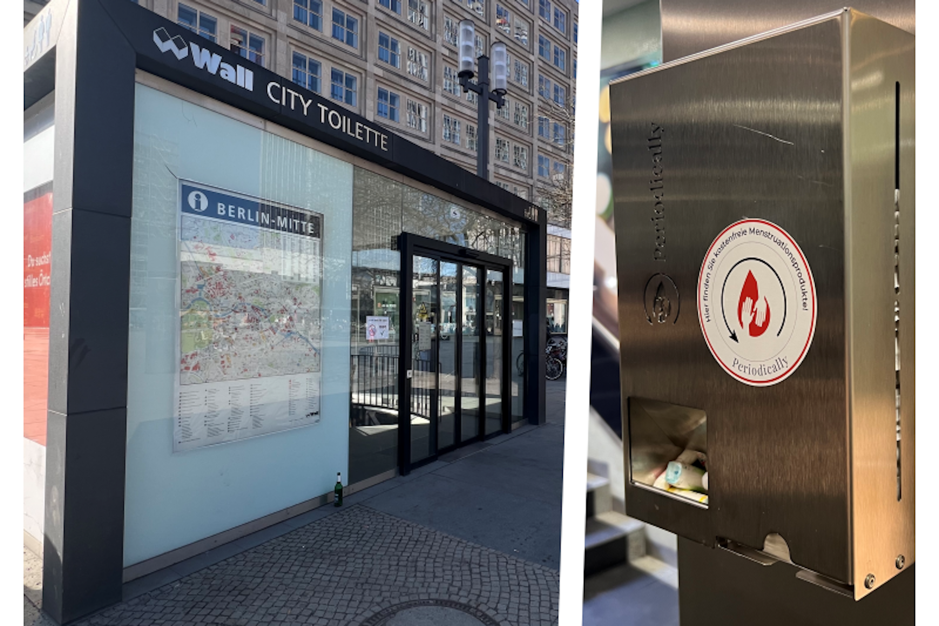 In der öffentlichen Toilette von Wall am Alexanderplatz wurde ein Periodenspender (r.) installiert.
