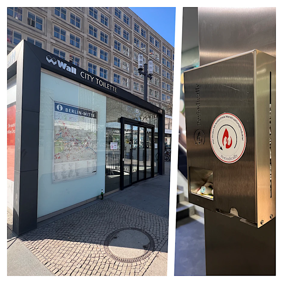 In der öffentlichen Toilette von Wall am Alexanderplatz wurde ein Periodenspender (r.) installiert.