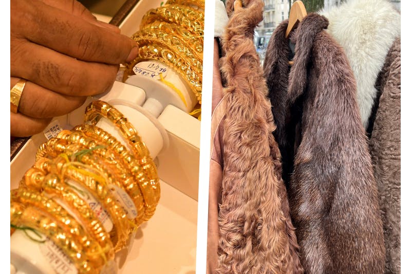 Pelze werden in Berlin auf Flohmärkten (r.) angeboten. Doch viele Ankäufer interessiert nur Goldschmuck.