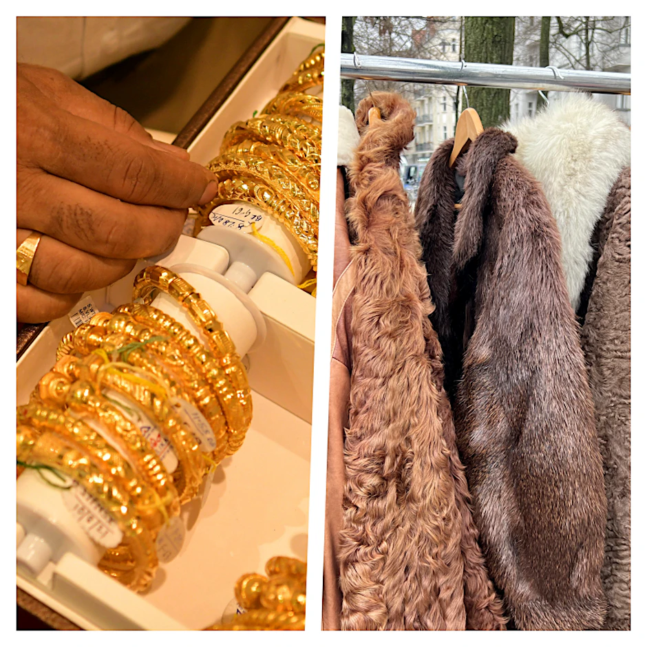 Pelze werden in Berlin auf Flohmärkten (r.) angeboten. Doch viele Ankäufer interessiert nur Goldschmuck. 