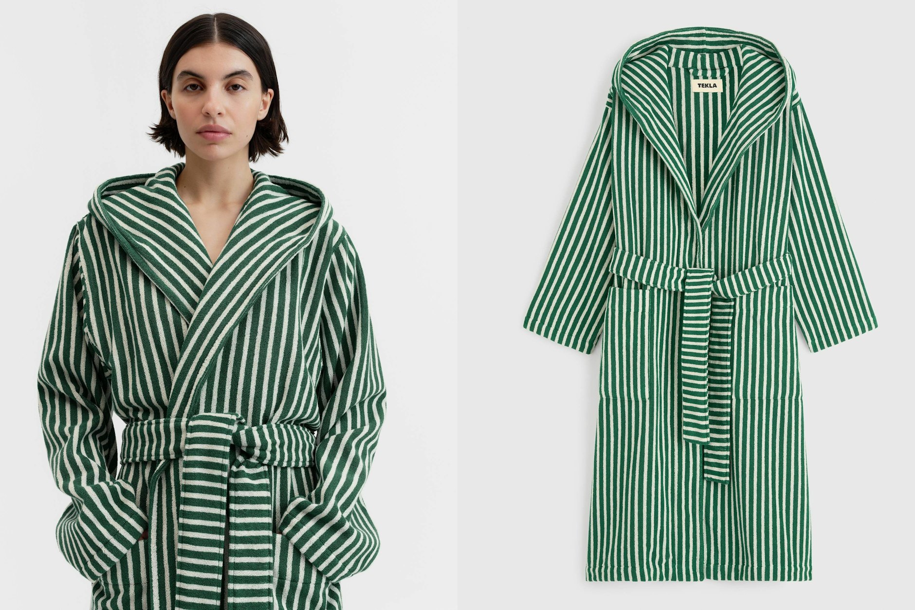 Machen Sie es sich gemütlich: Der „Terry hooded bathrobe“ mit grün-weißen Streifen.