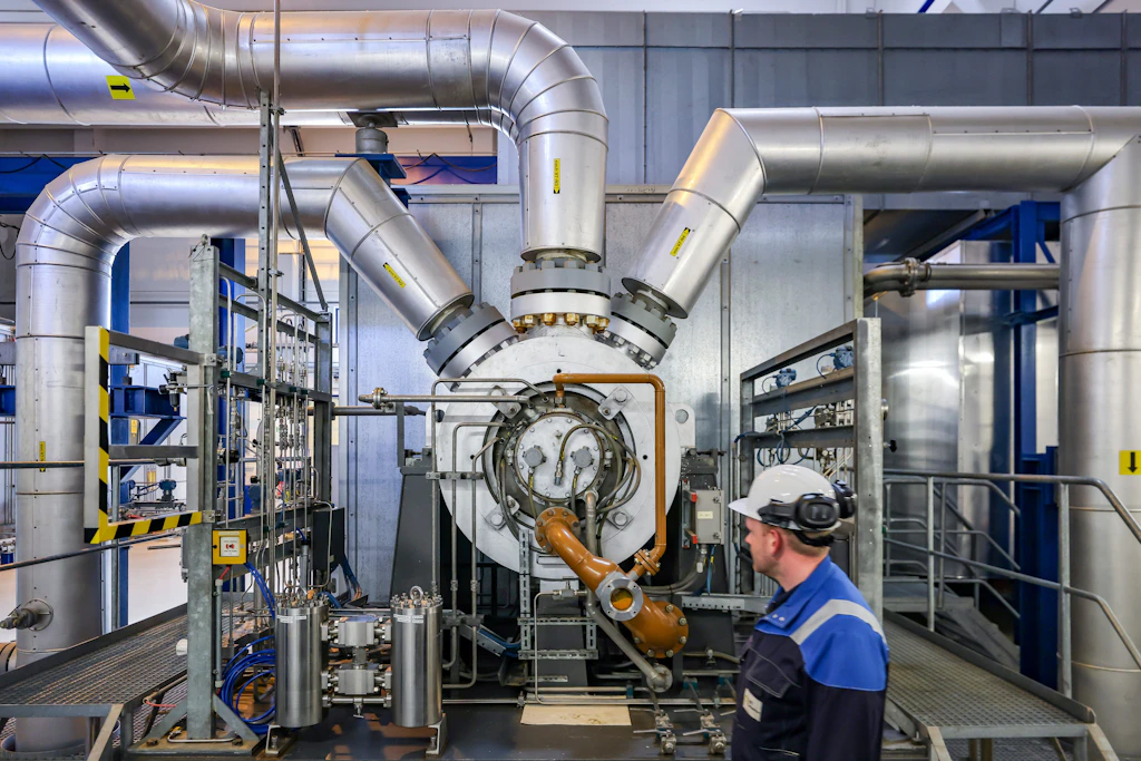 Ein Arbeiter am Verdichter eines unterirdischen Gasspeichers in Bad Lauchstädt