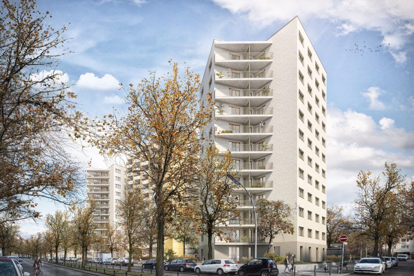 Das ist eines der zwölfgeschossigen Wohnhochhäuser, die demnächst Am Mühlenberg in Berlin-Schöneberg fertig werden.