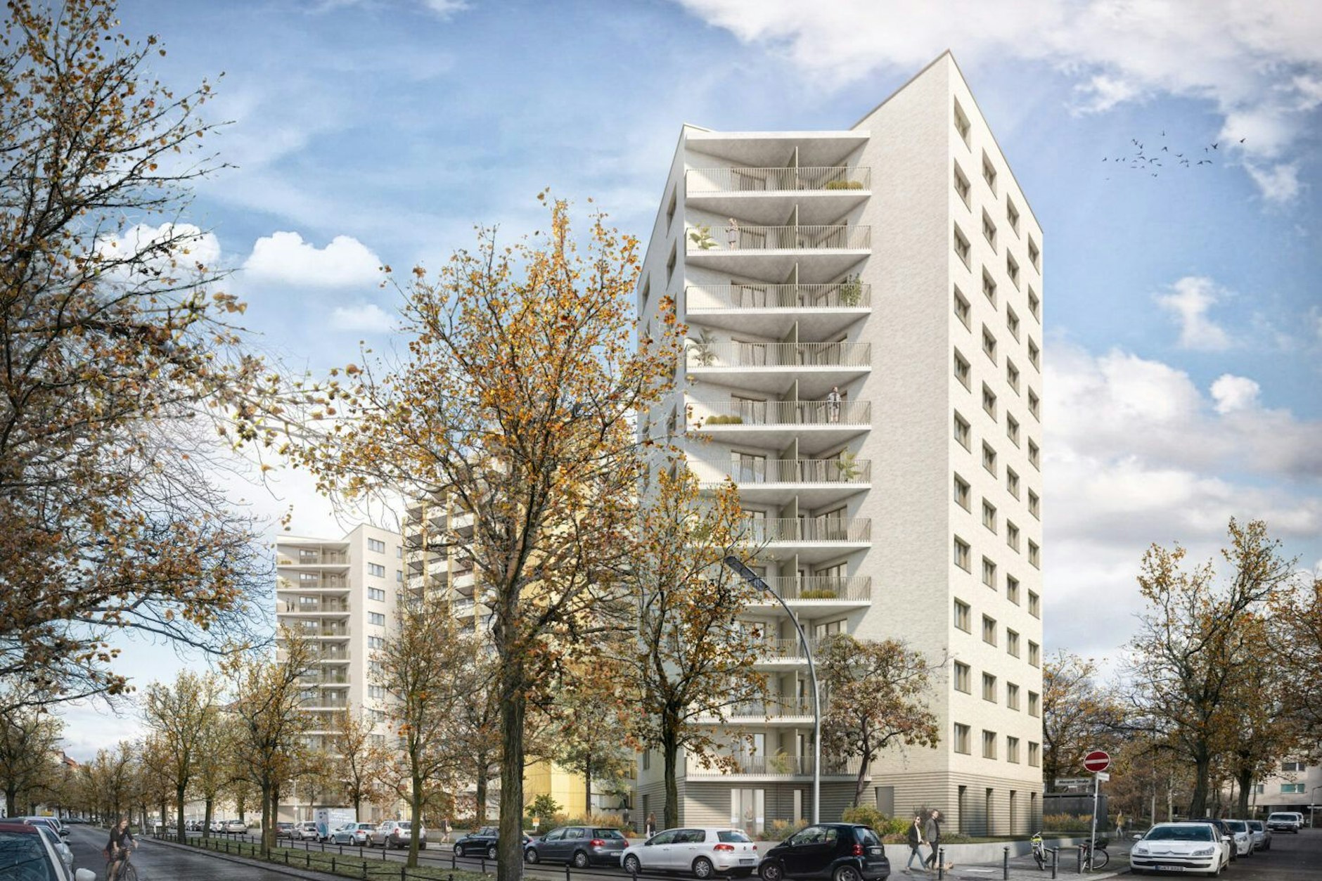 Das ist eines der zwölfgeschossigen Wohnhochhäuser, die demnächst Am Mühlenberg in Berlin-Schöneberg fertig werden.