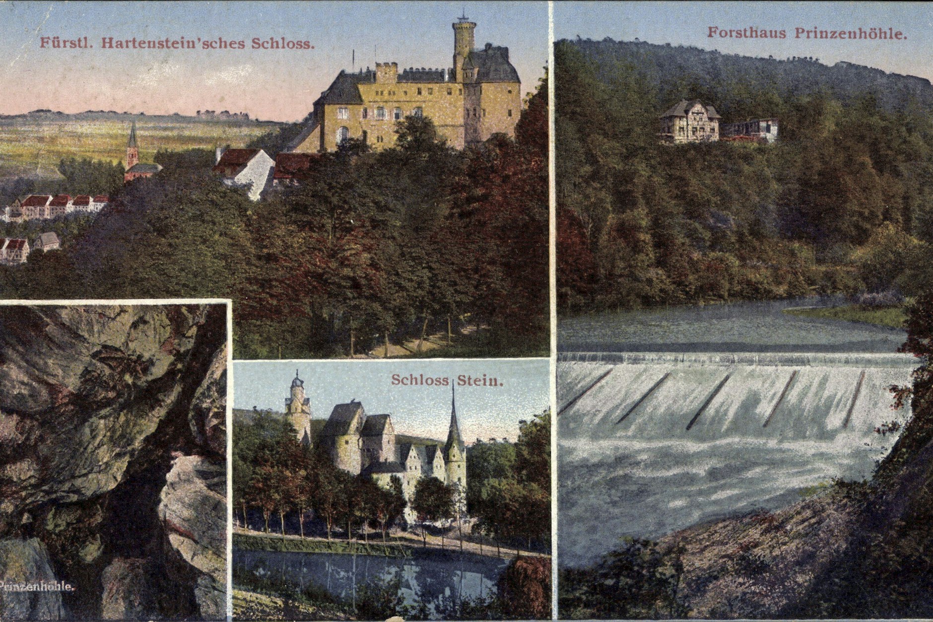 Kolorierte alte Postkarten zeigen die landschaftliche Einbettung des Anwesens.