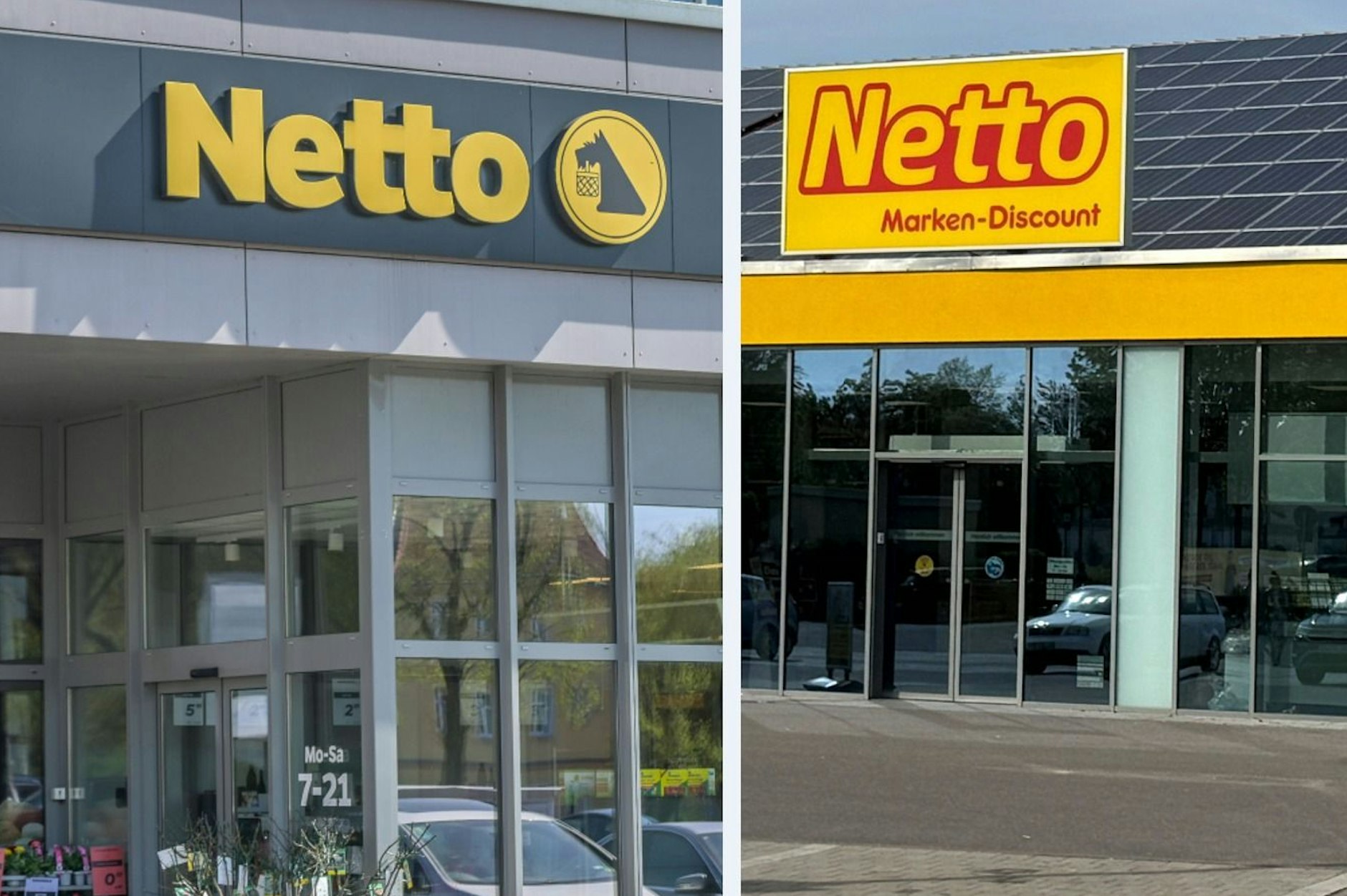 Netto-Supermärkte im Doppelpack – der eine mit Hund im Logo, der andere ohne.