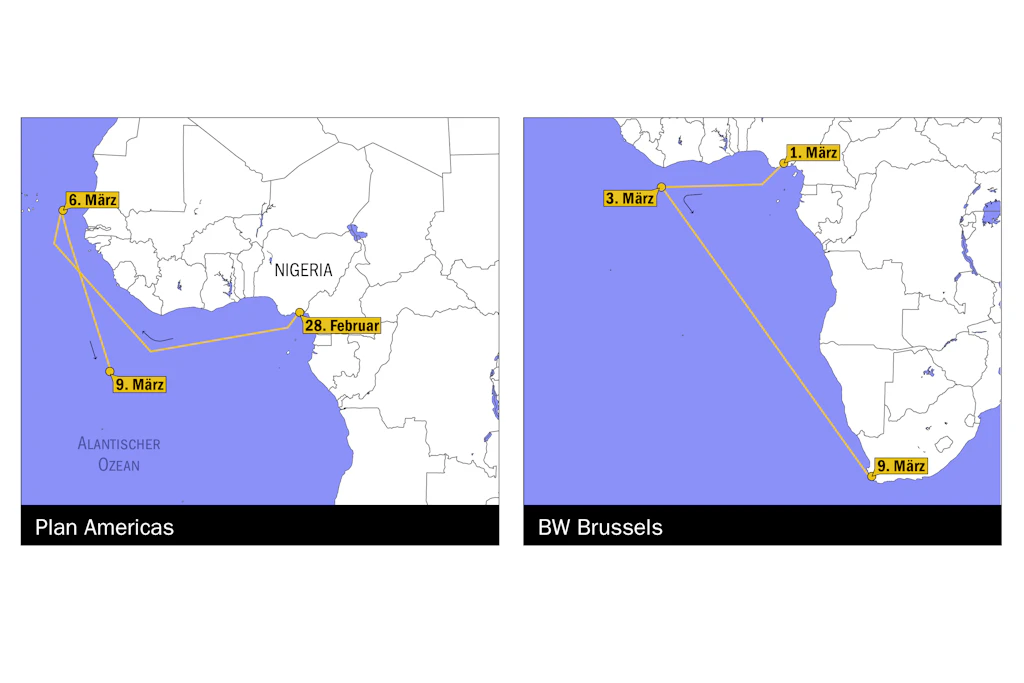Auch die Tanker „Plan Americas“ und „BW Brussels“ änderten ihre Route kurzfristig von Europa nach Asien.