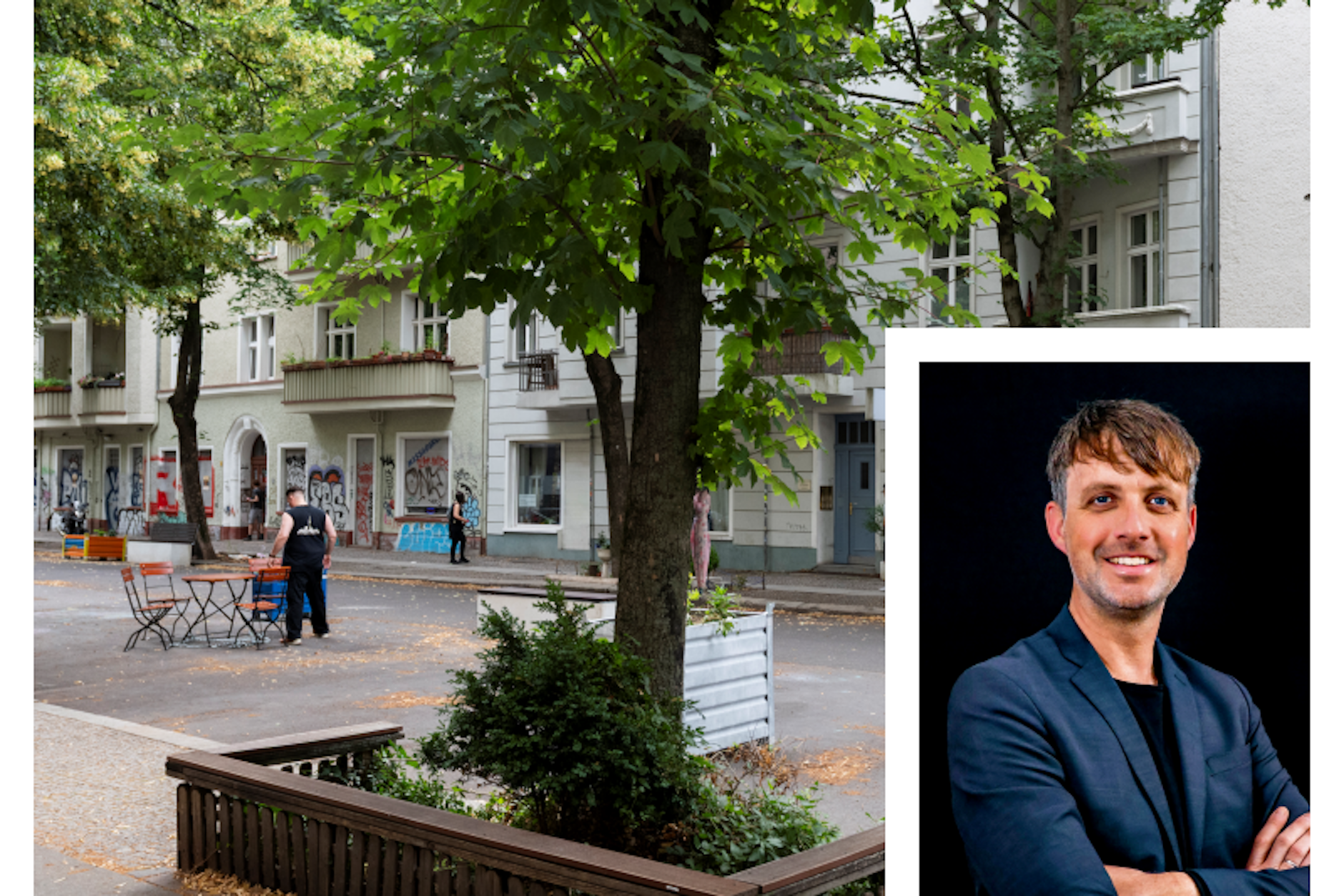 In der Scharnweberstraße in Friedrichshain wurde 2025 eine verkehrsberuhigte Schulzone eingerichtet. Rechts im Bild der Berliner Anwalt Marcel Templin.