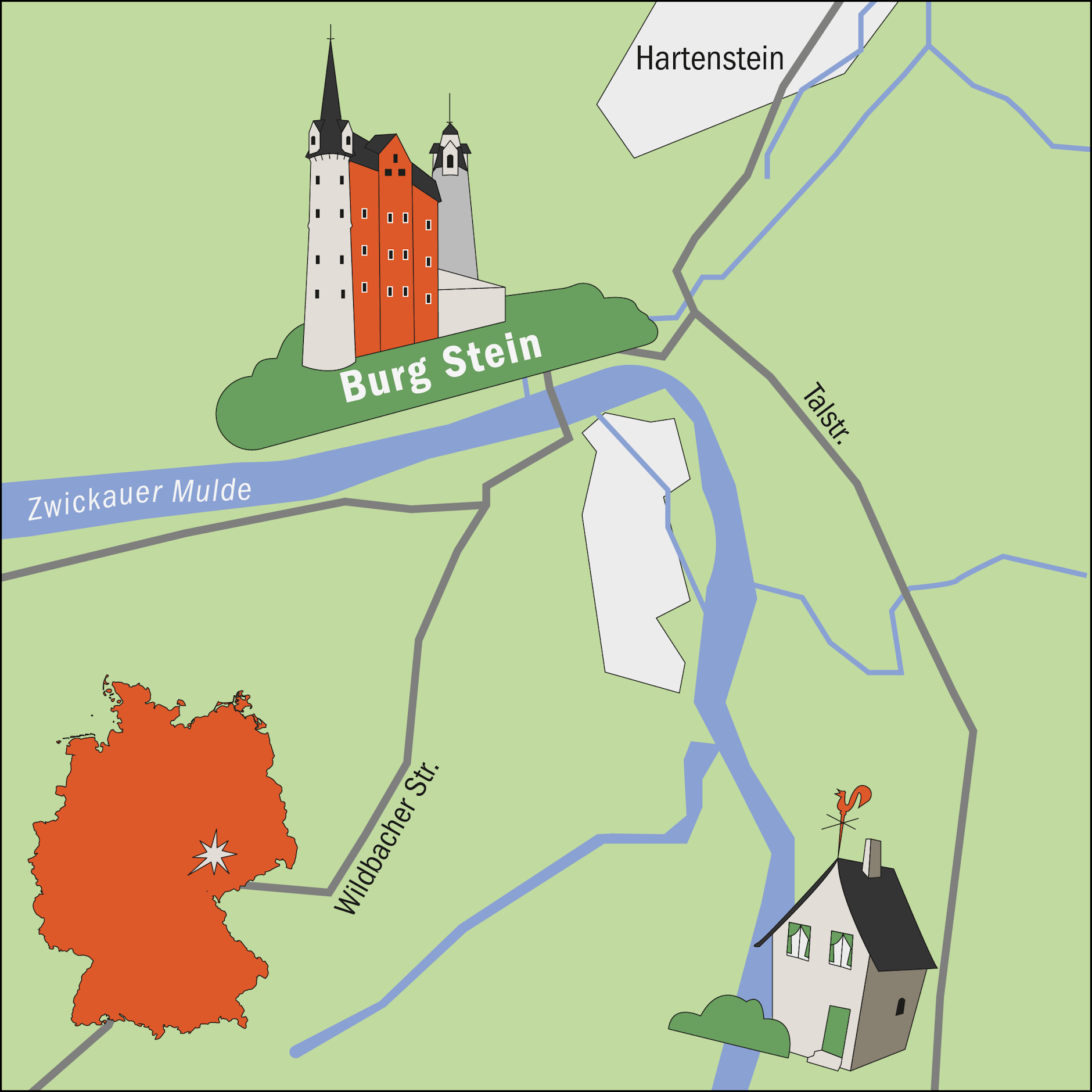 Die Burg befindet sich 500 Meter südwestlich von Hartenstein auf einer Felsklippe in der Aue der Zwickauer Mulde.