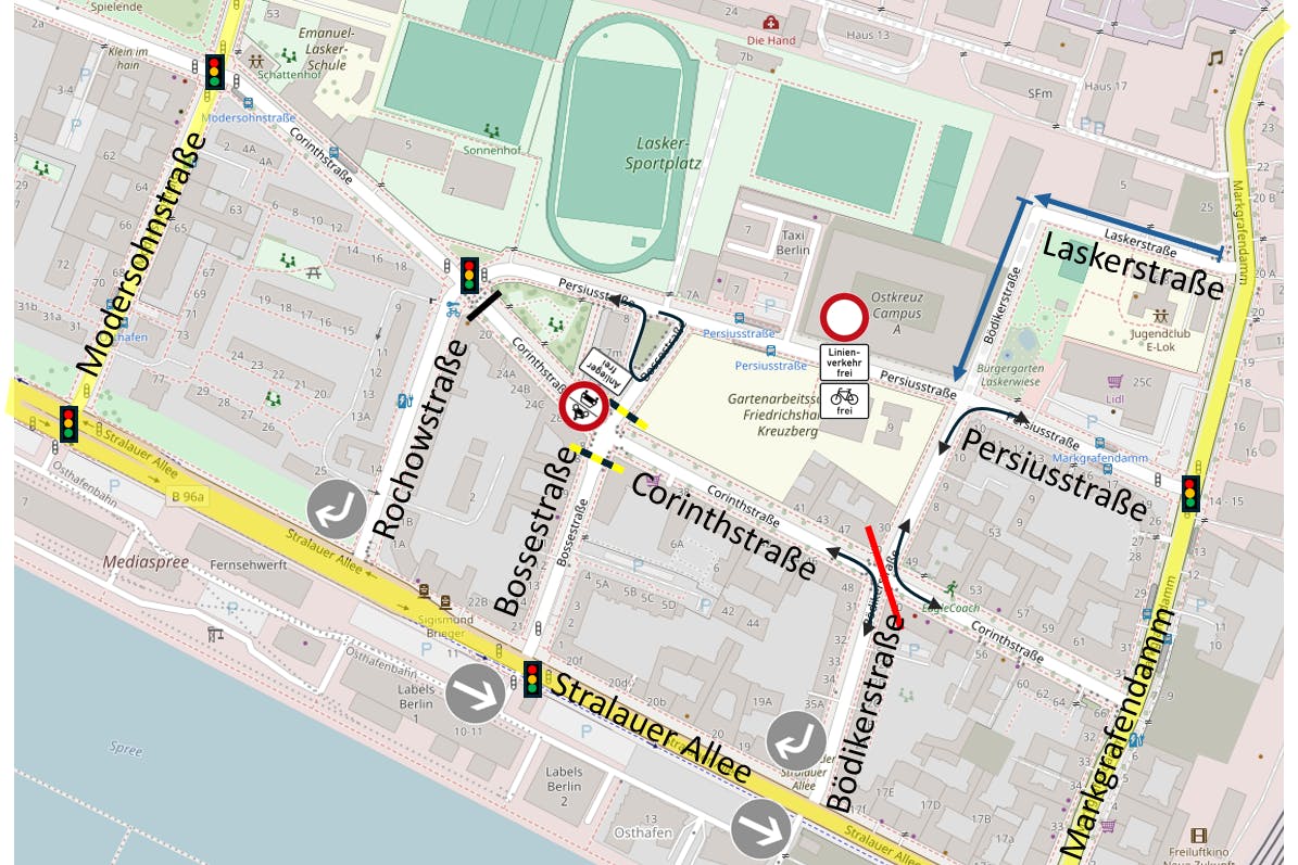 Das Entwurfskonzept B zeigt, wie kompliziert die Straßenführung künftig im Lasker-Kiez werden könnte. Auch hier ist die Anfahrt zum Sportplatz kompliziert.