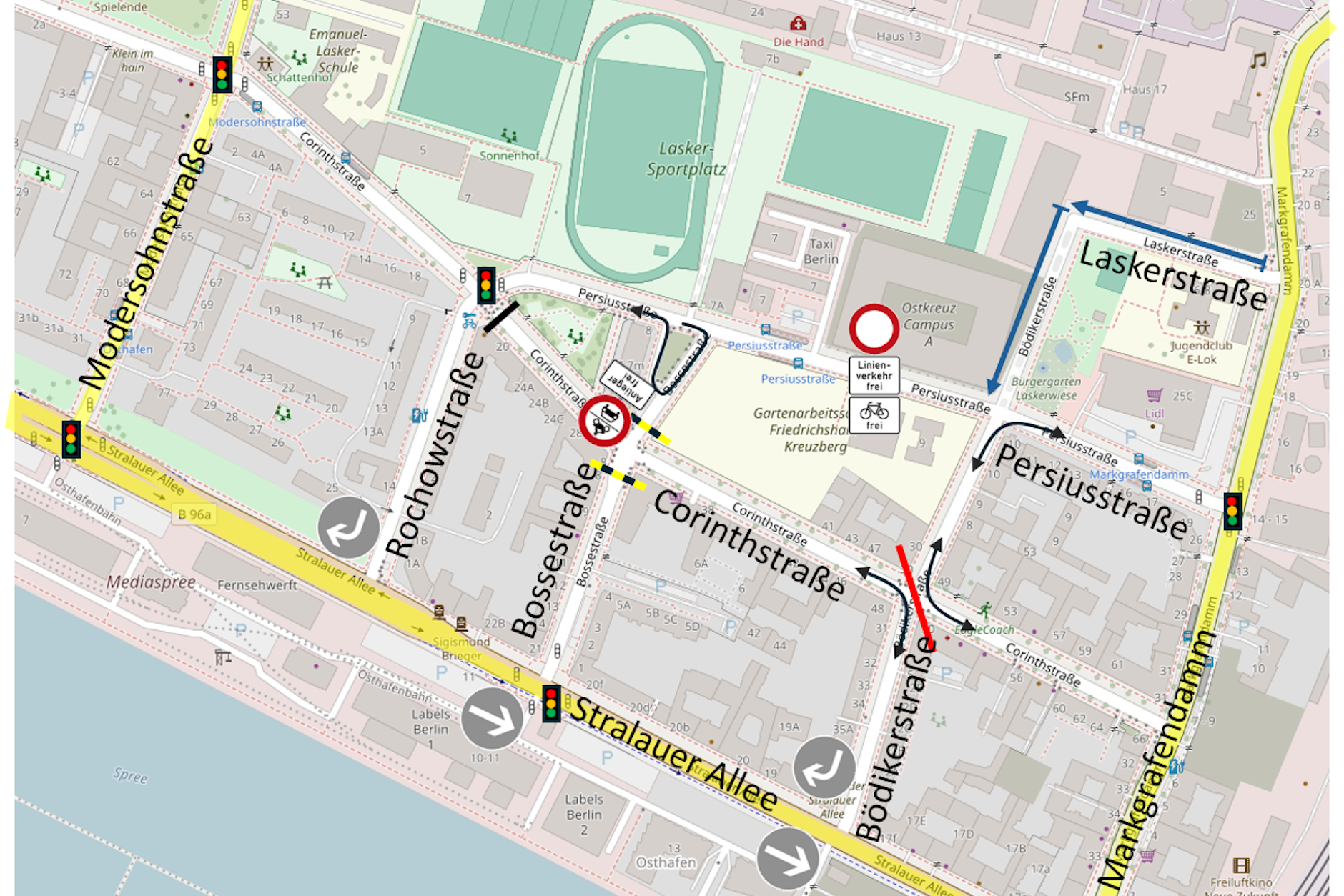 Das Entwurfskonzept B zeigt, wie kompliziert die Straßenführung künftig im Lasker-Kiez werden könnte.  Auch hier ist die Anfahrt zum Sportplatz kompliziert.