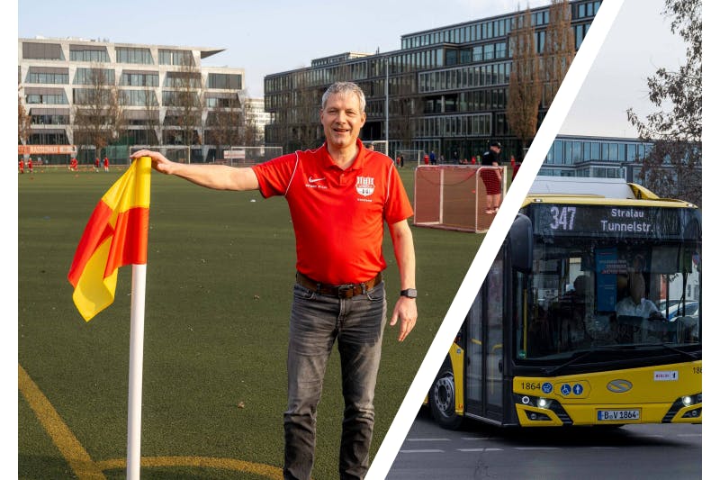 Berolina-Boss Robert Zoch auf dem Lasker-Sportplatz, der Heimat des Friedrichshainers Fußball-Klubs. Rechts: Der Bus 347, der durch den Kiez führt.