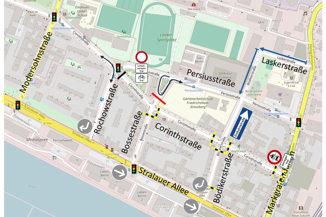 So schaut das Entwurfskonzept A aus. Hier wäre die Durchfahrt vor dem Sportplatz (oben) komplett zu.