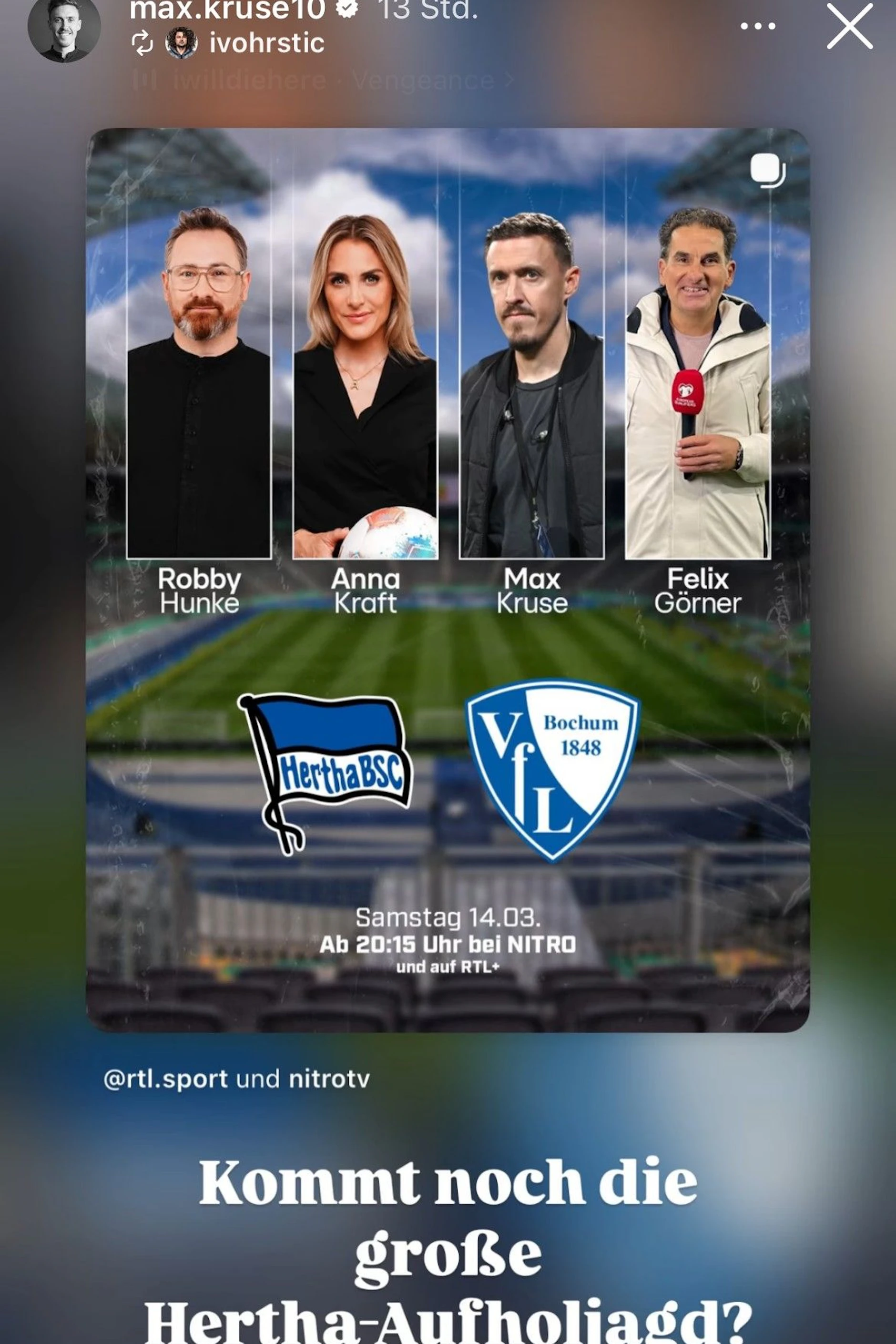 Max Kruse äußerte auf Instagram eine Vorahnung für die Partie von Hertha BSC gegen den VfL Bochum.