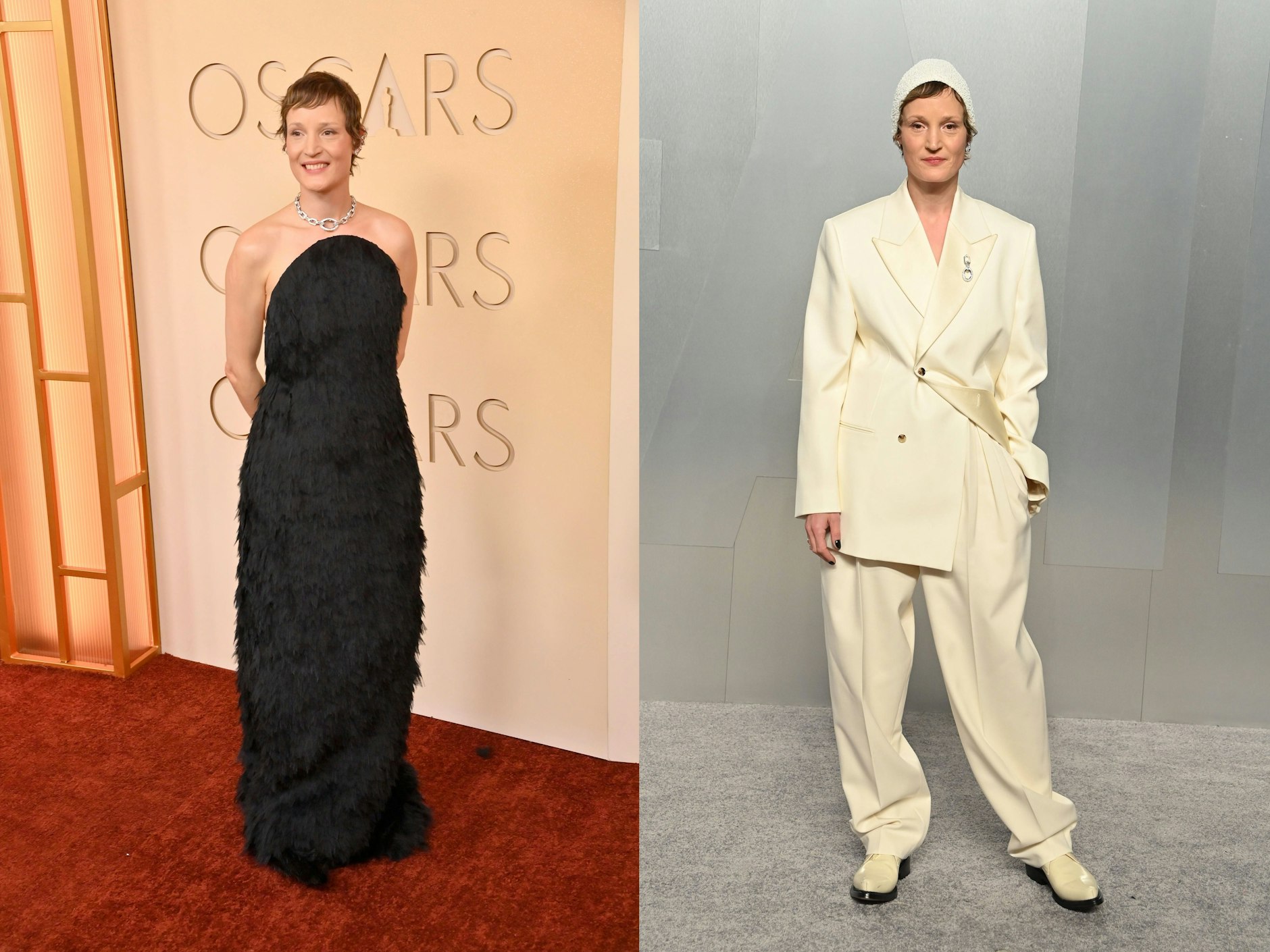 <strong>TOP</strong>: Bei der Verleihung setzte <strong>Vicky Krieps</strong> auf eine bodenlange schwarze, federbesetzte Bustier-Robe von <strong>Bottega Veneta</strong> – eine sichere Wahl mit raffiniertem Twist. Bei der Vanity Fair Oscar Party ging die Schauspielerin dann modisch in die Vollen: Sie wechselte in einen cremefarbenen, übergroß geschnittenen Anzug mit passenden Boots. Zweifelloses Highlight des Looks war jedoch eine funkelnde Haube, die zugegebenermaßen ein wenig an Badehauben aus den 1970er-Jahren erinnerte – und dem Outfit gerade dadurch einen Hauch nostalgischer Eleganz verlieh. Ein modisches Risiko, das aufgegangen ist.