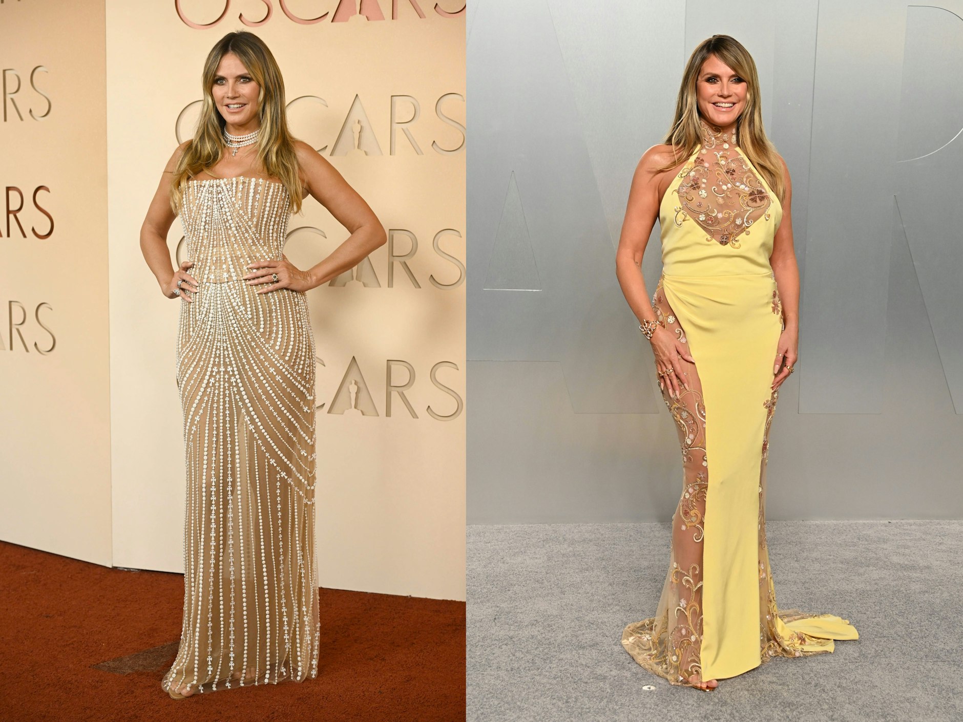 <strong>FLOP</strong>: <strong>Heidi Klum</strong> zeigt beim roten Teppich, dass sie es eigentlich kann. Zumindest von Weitem, denn wenn man etwas näher ranzoomt, erkennt man kleine Kruzifixe auf dem Kleid von <strong>Chrome Hearts</strong>, das Logo der Brand. Die auf den ersten Blick elegante wirkende Robe bekommt dadurch eine leicht trashige Note, die sich im nächsten Outfit fortsetzt. <br>Für die Vanity Fair-Party verwandelte sich Heidi nämlich in einen Zitronenfalter. Das buttermilchgelbe Kleid, ebenfalls von Chrome Hearts, mit Blumenranken und transparenten Einsätzen, wirkt leider, als hätte sie es in einem Hochzeitsmodenladen auf der Hermannstraße erworben. Immerhin bleibt sie ihrer Vorliebe für Naked Dresses treu, das gibt Loyalitätspunkte.