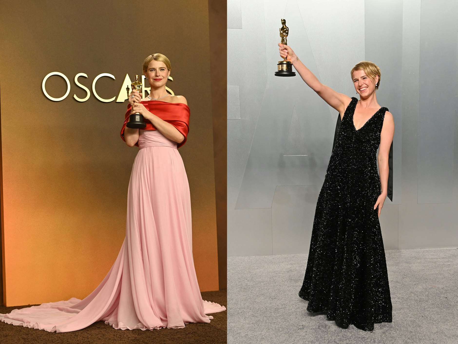 <strong>TOP</strong>: Ein moderner Hauch Old Hollywood: Für ihren großen Oscar-Moment setzte <strong>Jessie Buckley</strong>, die für ihre Rolle in „Hamnet“ als beste Hauptdarstellerin ausgezeichnet wurde, auf maßgeschneiderte Eleganz von <strong>Chanel</strong>. Ihr zartrosa Bustierkleid aus Chiffon mit roter Stola erinnerte an einen Oscar-Look von Ikone Grace Kelly aus dem Jahr 1956 – ein stilistisches Zitat, mit dem Buckley auf sichere, aber dennoch ikonische Eleganz setzte. Für die Vanity Fair Oscar Party im Los Angeles County Museum of Art wechselte die irische Schauspielerin anschließend in ein funkelndes schwarzes Design, das zwar etwas schlichter war, aber keineswegs weniger Glamour versprühte.