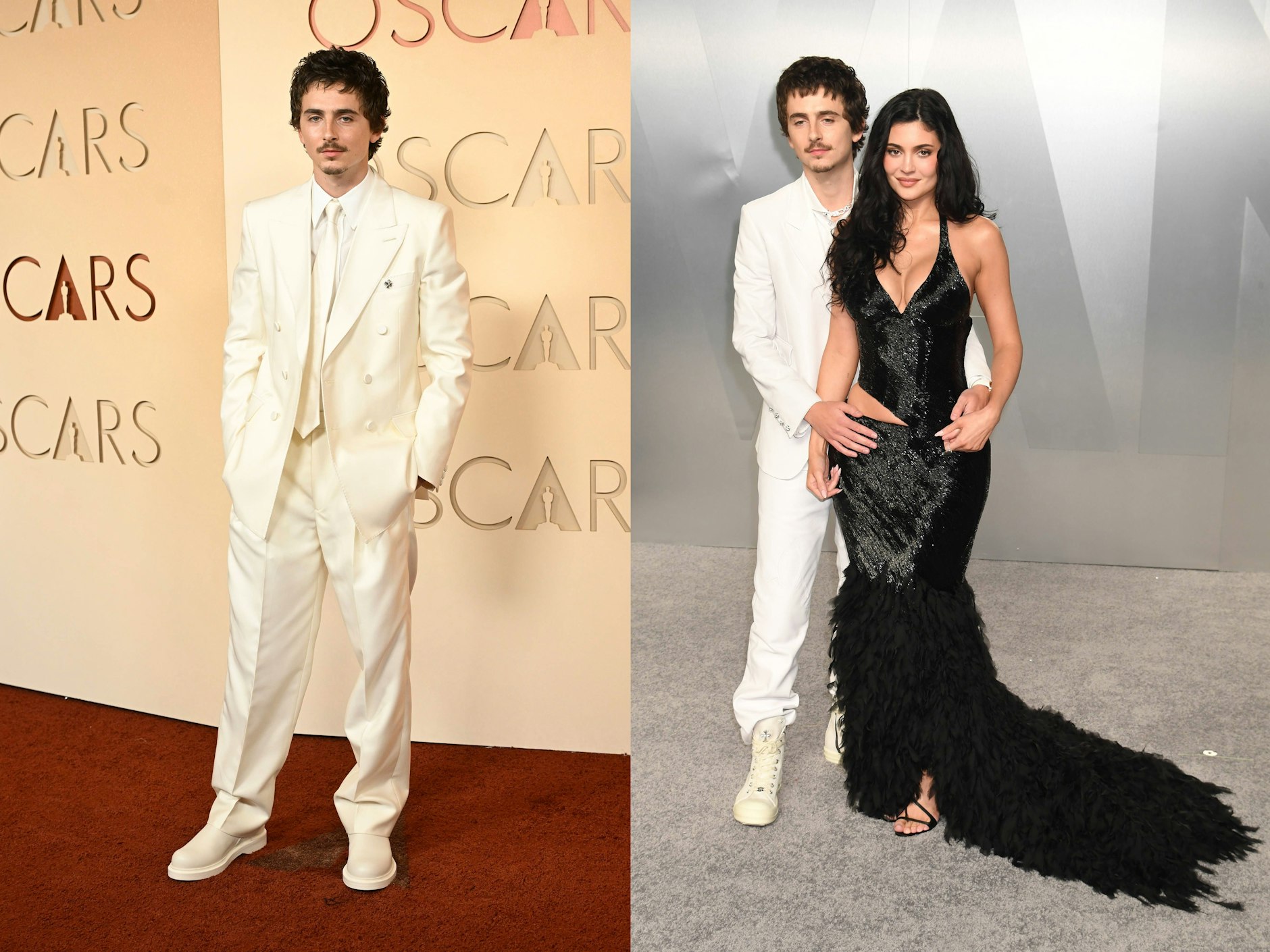 <strong>FLOP</strong>: Kein guter Abend für den 30-Jährigen: <strong>Timothée Chalamet</strong> ging bei den Academy Awards leer aus – und auch modisch konnte er nicht wirklich punkten. In den vergangenen Wochen hatte er sich öffentlichkeitswirksam mit der Hochkultur angelegt und in einer Talkshow Oper und Ballett als sterbende Kunst bezeichnet. <br>Bei den Oscars setzte er nun auf Weiß von Kopf bis Fuß – fast so, als wolle er seine Weste reinwaschen. Auf dem roten Teppich erschien der „Marty Supreme“-Darsteller in einem maßgeschneiderten Anzug von <strong>Givenchy</strong> – dazu kombinierte er, wie so häufig in letzter Zeit, Timberland-Boots. Ein betont maskulin-lässiger Stil, der inzwischen etwas bemüht wirkt. Für die Variety Oscar Party wechselte er in einen weiteren weißen Anzug, diesmal von <strong>Chrome Hearts</strong>, kombiniert mit geschnürten High-Top-Sneakern. Kein Wunder, dass er sich lieber hinter seiner Freundin <strong>Kylie Jenner</strong> versteckte, die in einer raffinierten Robe von <strong>Alexander McQueen</strong> glänzte.