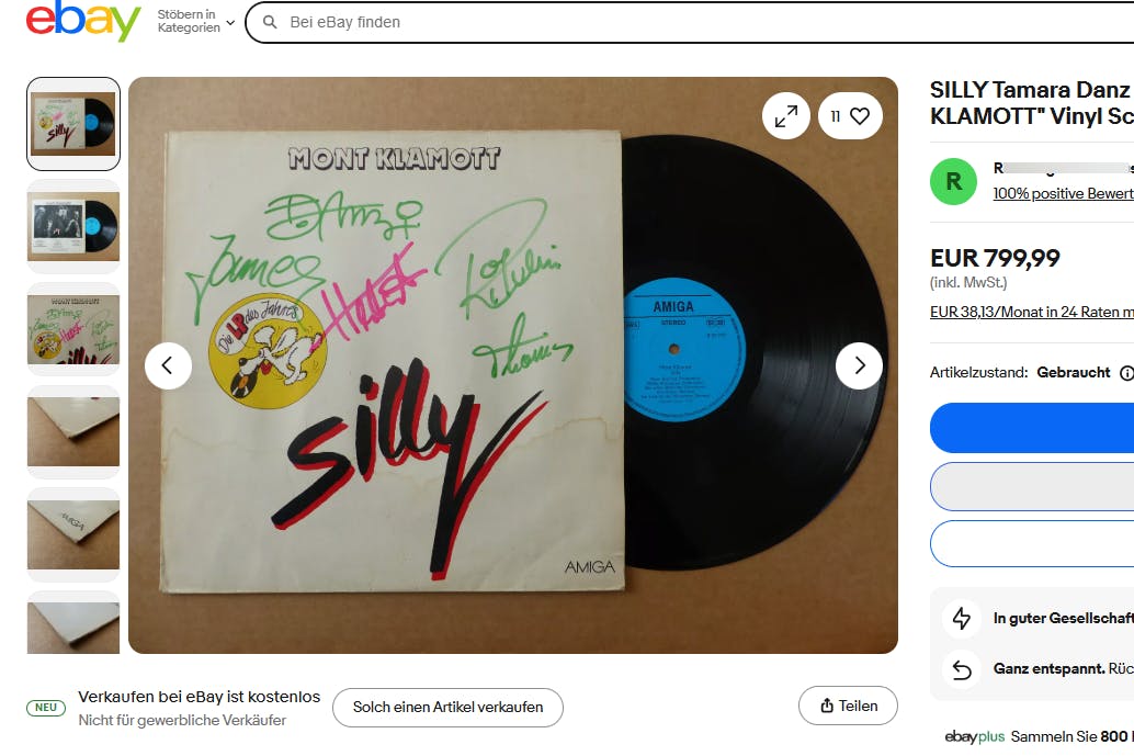 Die Silly-LP „Mont Klamott“ mit den Autogrammen von Tamara Danz und Kollegen wird bei Ebay für 799,99 Euro angeboten.