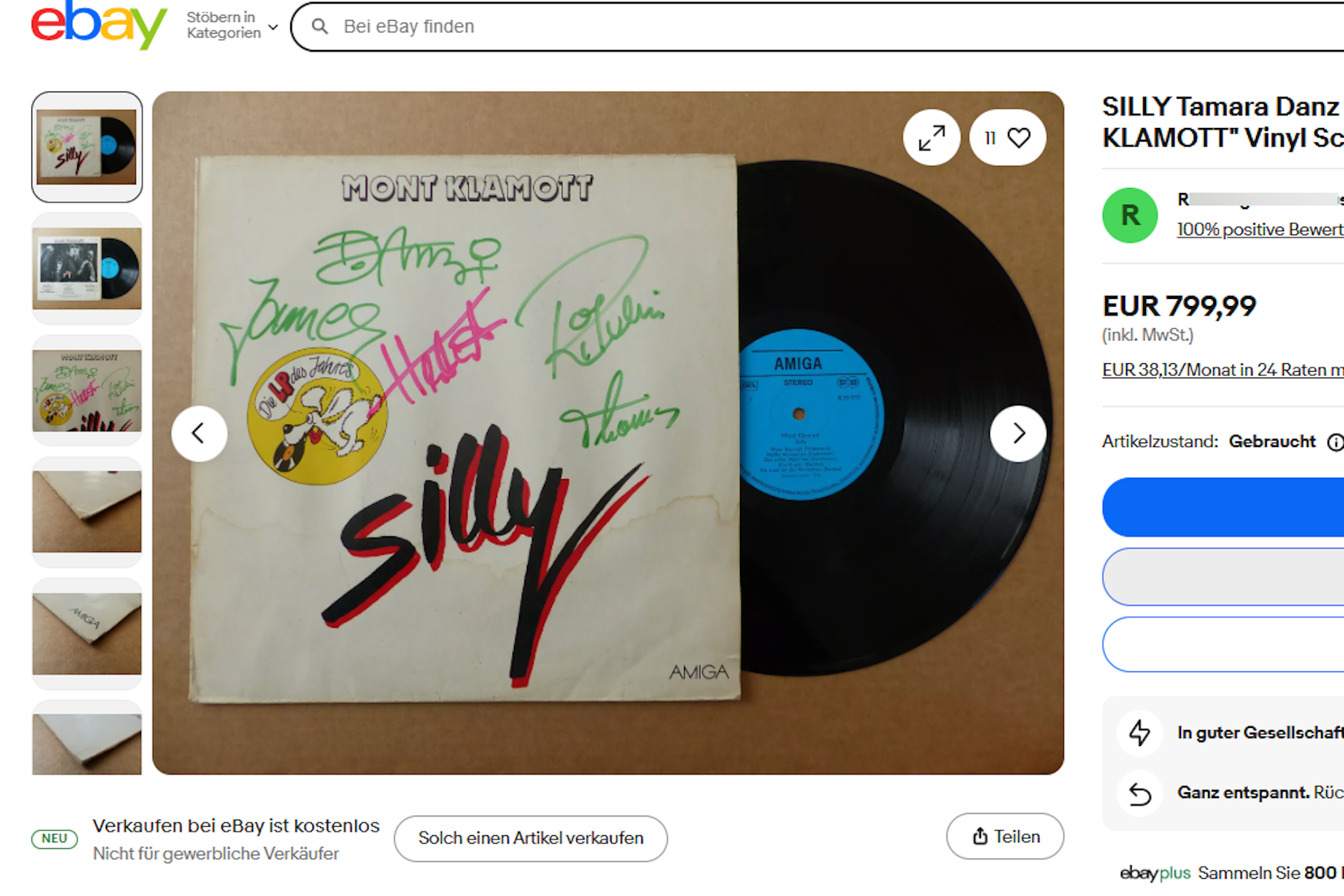 Die Silly-LP „Mont Klamott“ mit den Autogrammen von Tamara Danz und Kollegen wird bei Ebay für 799,99 Euro angeboten.