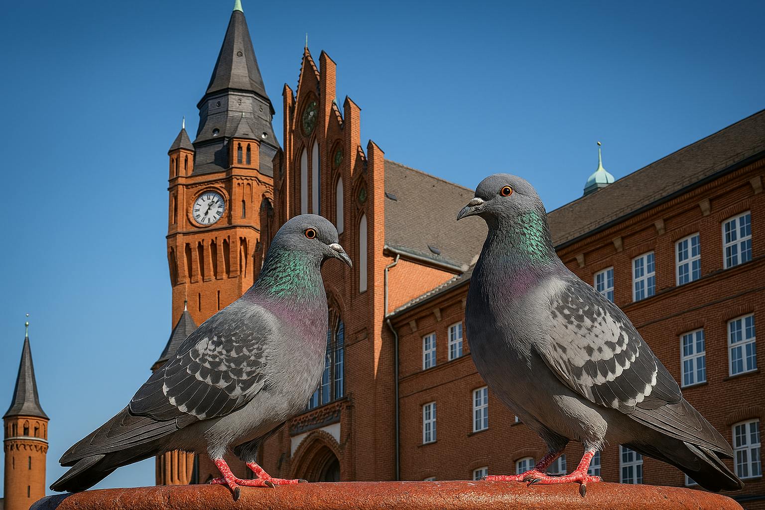 Zwei Stadtauben vor dem Rathaus Köpenick.