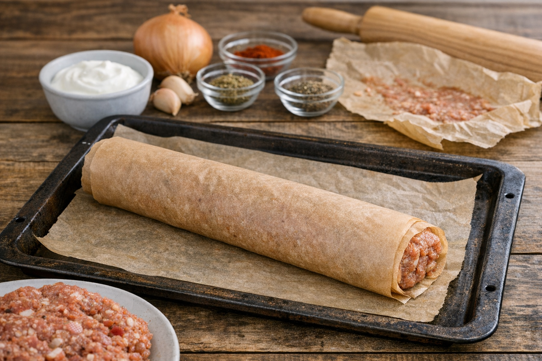 Für den perfekten Rolldöner wird das Hackfleisch dünn auf ein Backblech gestrichen, aufgerollt und im Ofen gebacken.