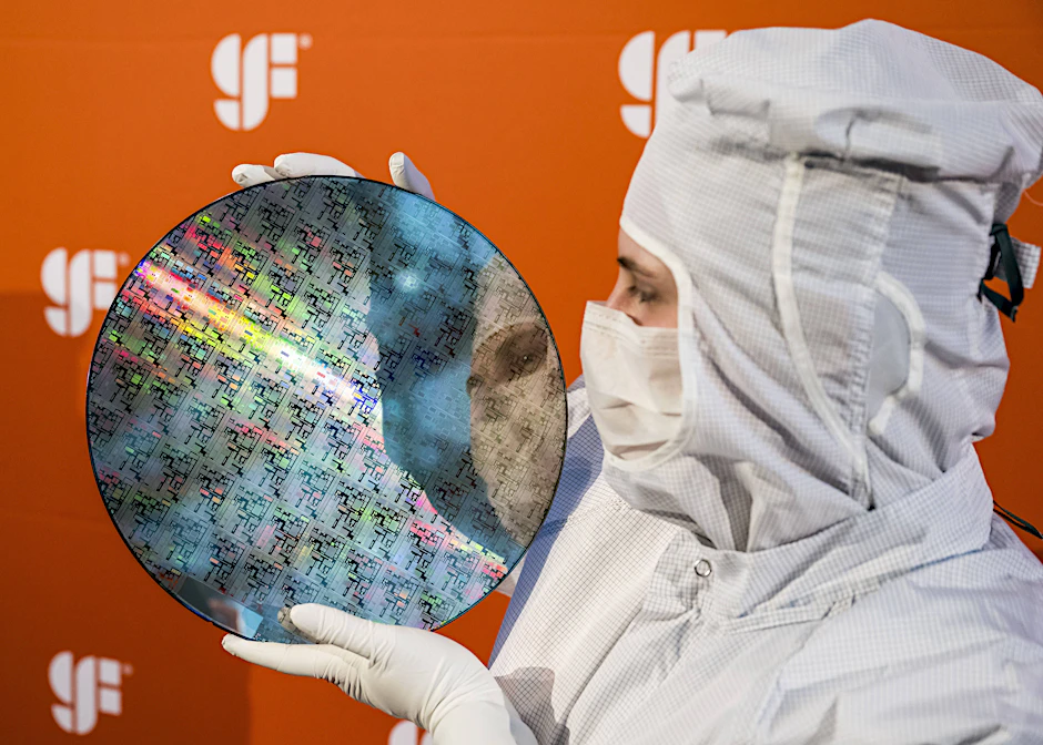 Ein Mitarbeiter der Dresdner GlobalFoundries-Fabrik zeigt einen Wafer: Zehntausende gut bezahlte Jobs dürften in den kommenden Jahren in der Region entstehen.