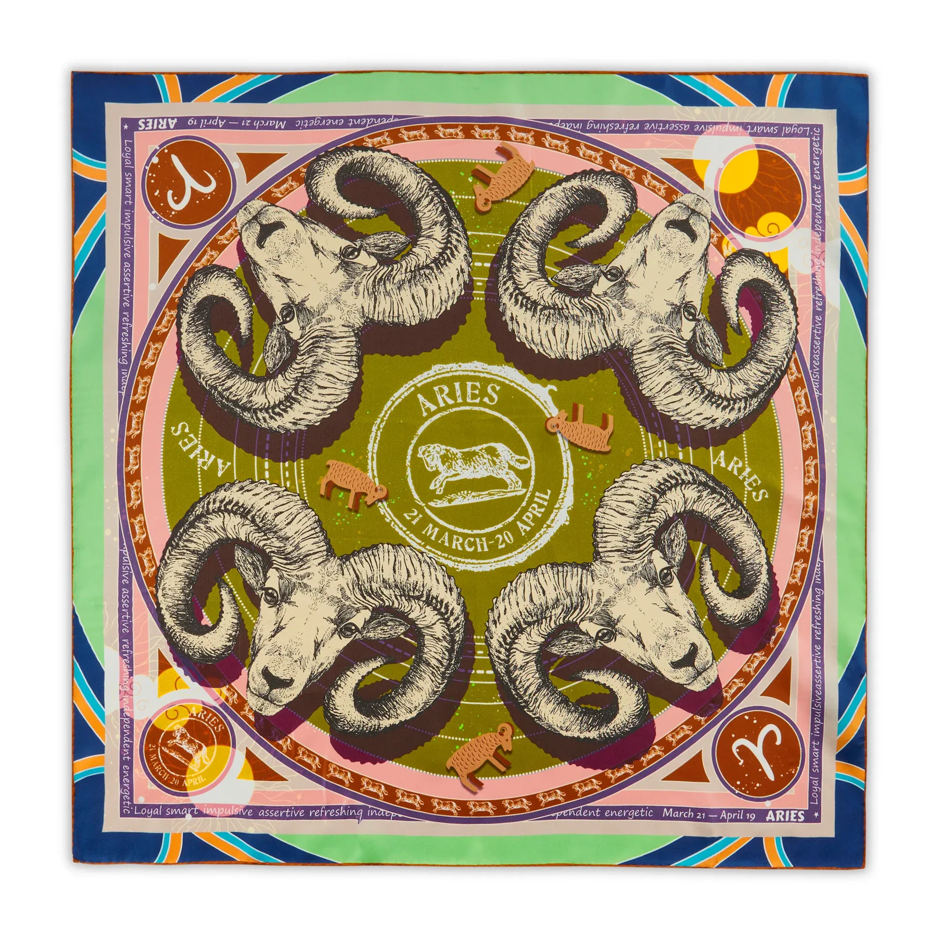 Eine ganze Herde Widder auf 65 x 65 cm reiner Seide – das Tuch vereint astrologische Symbolik, luxuriöses Tragegefühl und lebendige Farbgestaltung.