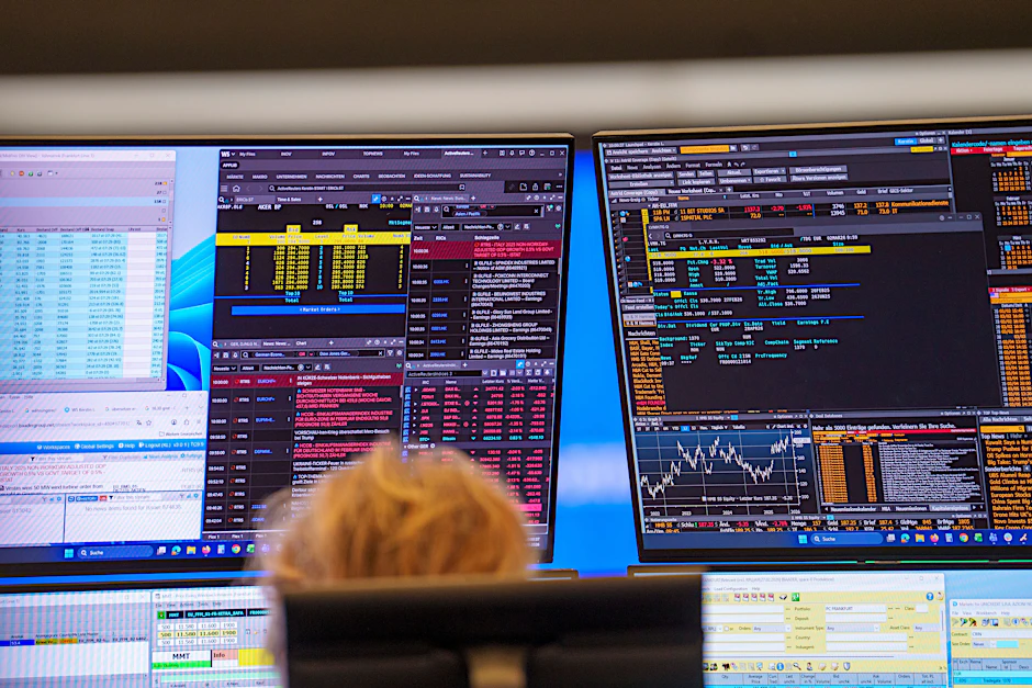Eine Händlerin schaut im Handelssaal an der Börse auf ihre Bildschirme.