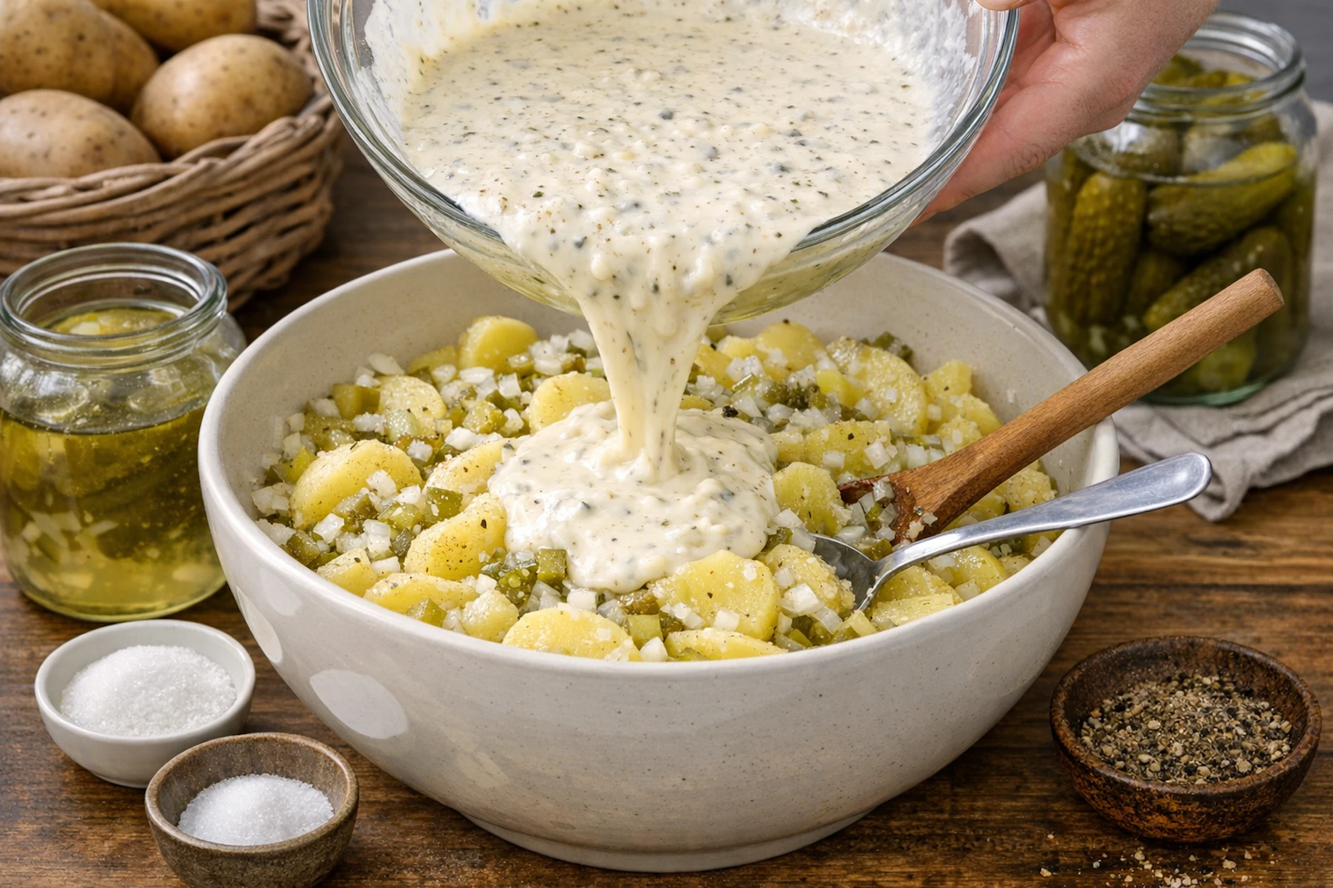 Mit dem Dressing wird der KArtoffelsalat Hausmacherart perfekt. Doch vor dem Servieren sollte der Salat nach unserem Rezept aus dem Osten gut durchziehen.