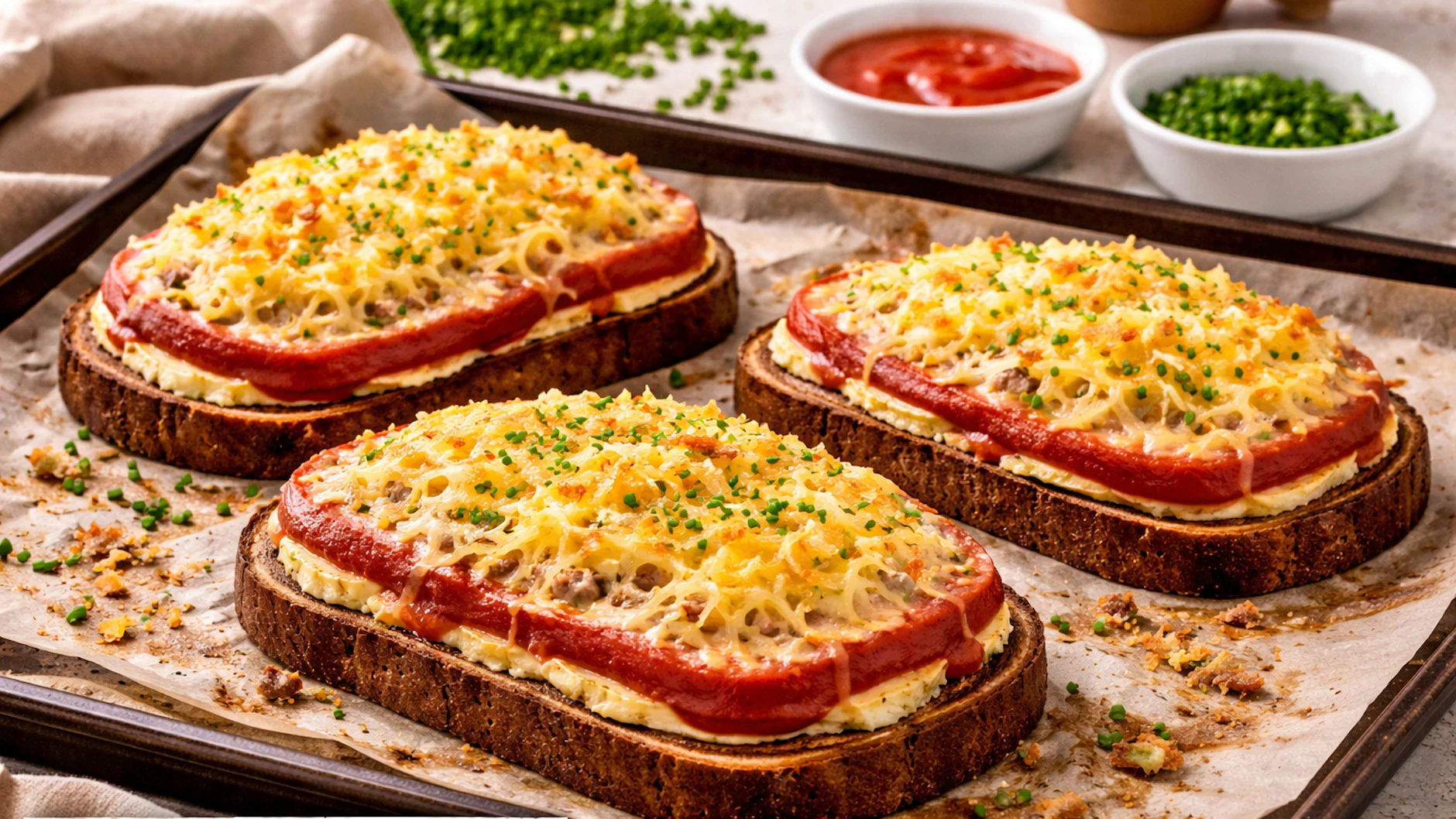 Der Bauern-Toast mit Leberkäse wird im Backofen mit Reibekäse überbacken.