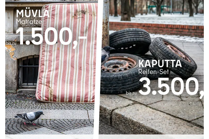 Müvla und Kaputta - mit diesen nachgemachten Möbel-Anzeigen kämpft die Stadt gegen illegalen Müll.