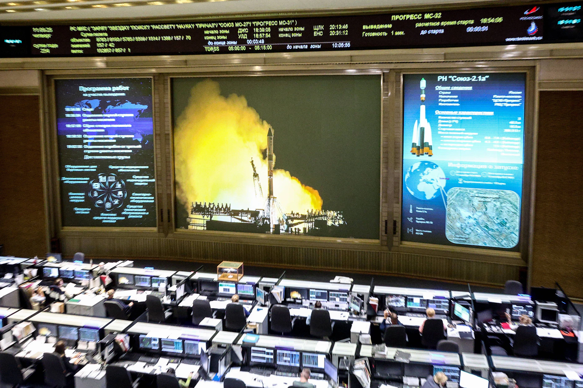 Blick ins russische Kontrollzentrum während des Starts eines Progress-Frachters zur Internationalen Raumstation