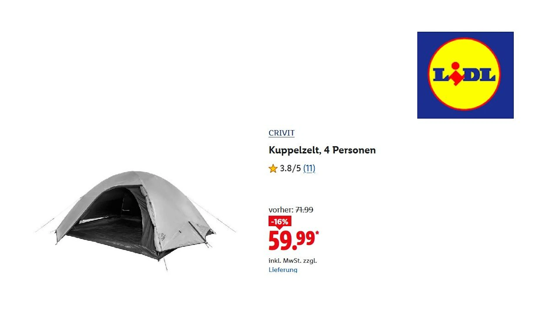 Kuppelzelt von Crivit für vier Personen