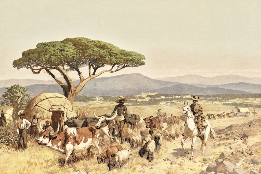 Hirten mit Herde in der Steppe bei Windhoek, authentische Reproduktion eines Schulwandbildes, historisch, um 1900