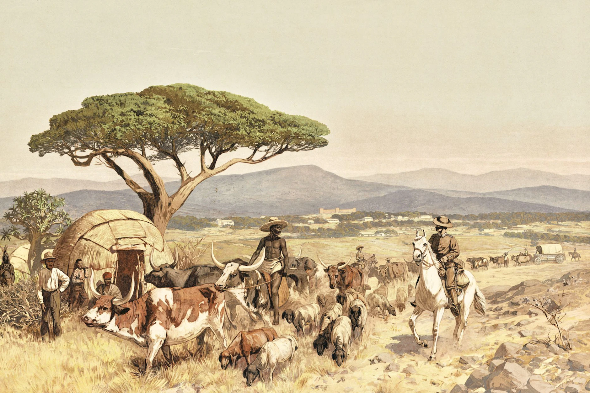 Hirten mit Herde in der Steppe bei Windhoek, authentische Reproduktion eines Schulwandbildes, historisch, um 1900