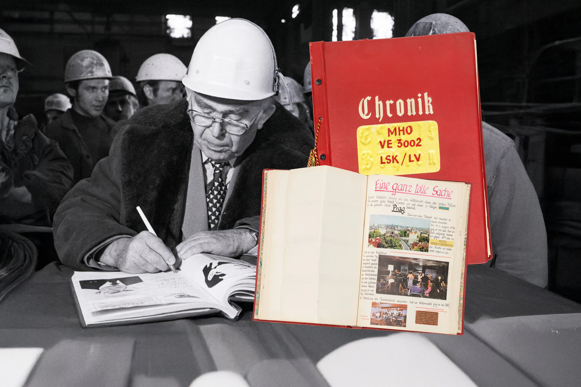 Erich Mückenberger, SED-Politbüromitglied, trägt sich bei einem Besuch des Schwermaschinenbau-Kombinat Ernst Thälmann in Magdeburg in ein Brigadetagebuch ein. Viele der Bücher aus der DDR-Zeit schlummern heute im DDR Museum Berlin.